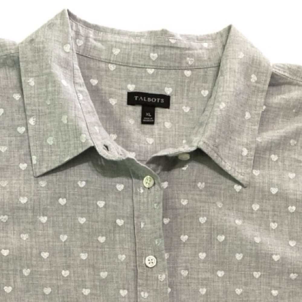 Talbots Gray Silver Heart Print Button Front Shir… - image 6